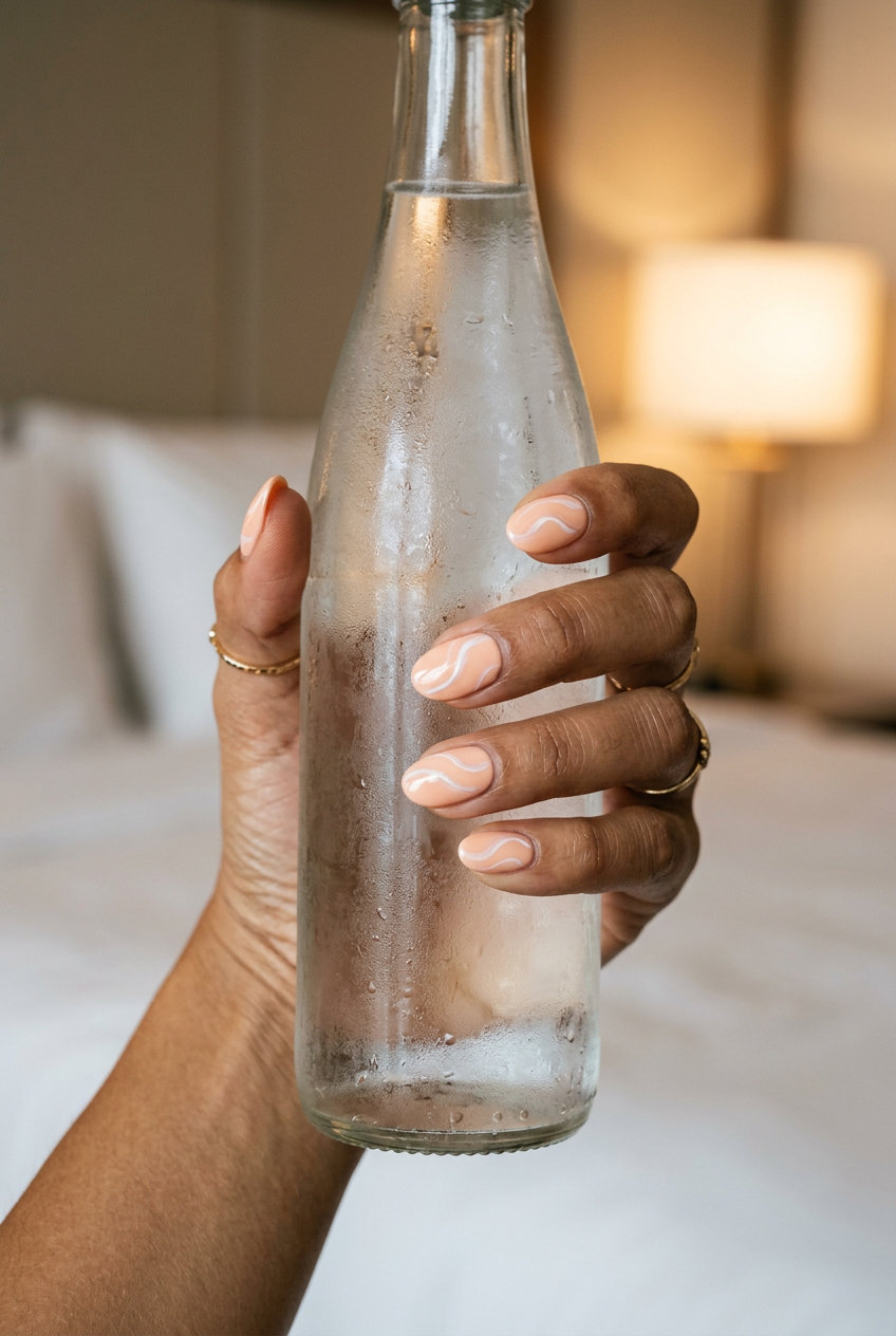 Soft peach pearlescent swirl short oval nails for date night and romantic events. Short oval summer nails 2026.