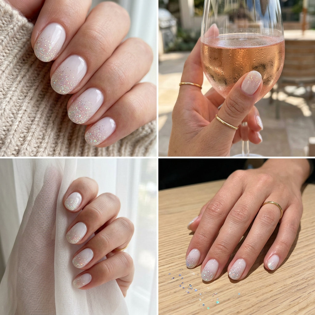 Short oval summer nails 2026: Sheer white glitter fade for casual events and summer brunch.