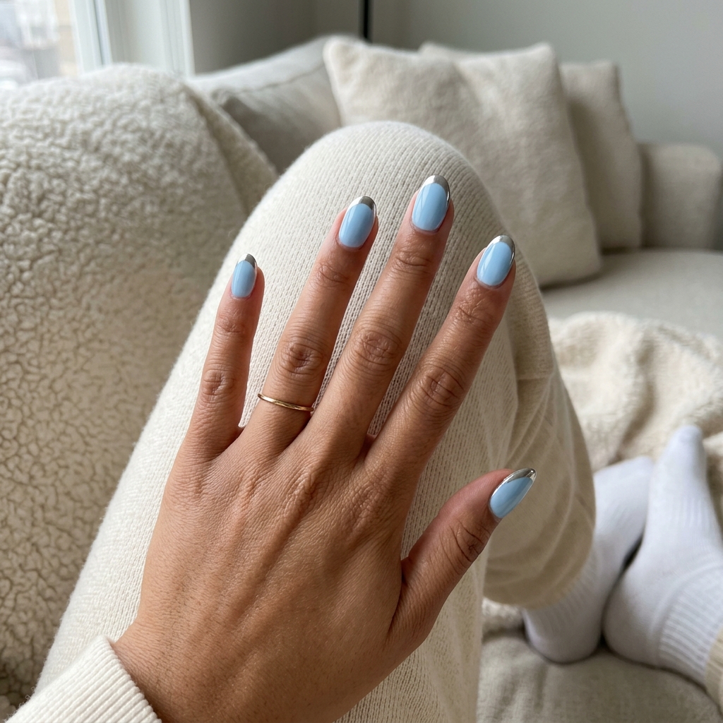 Edgy sky blue chrome edge short oval nails for parties and summer vacation. Short oval summer nails 2026.