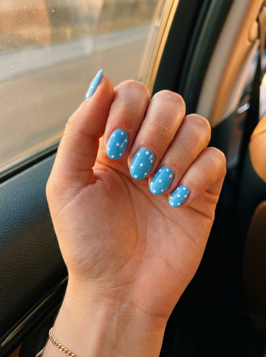Playful summer sky dots short oval nails for casual weekends. Short oval summer nails 2026.