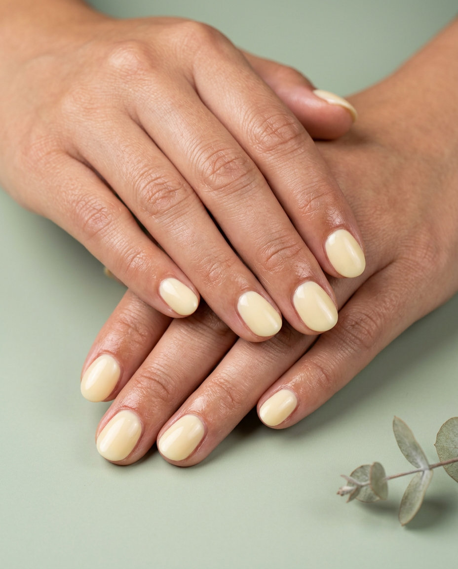 Dreamy creamy milk bath yellow short oval nails for summer vacation. Short oval summer nails 2026.