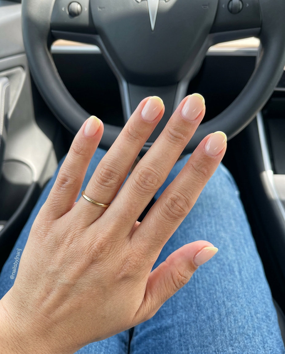 Butter yellow micro French short round nails 2026 for work and bridal showers. Sophisticated style.