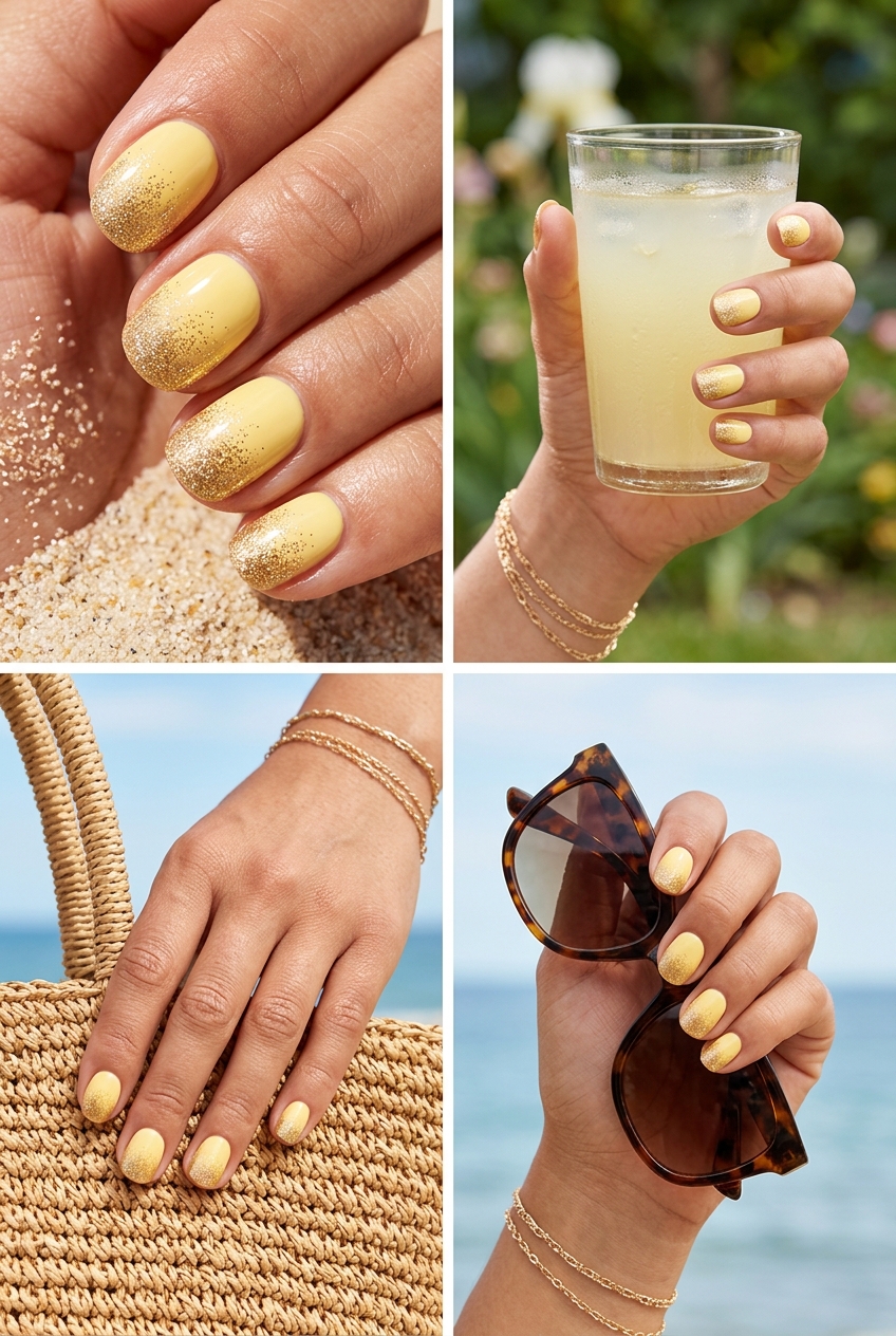Whimsical butter yellow glitter fade on short round nails for vacation. Short round summer nails 2026.