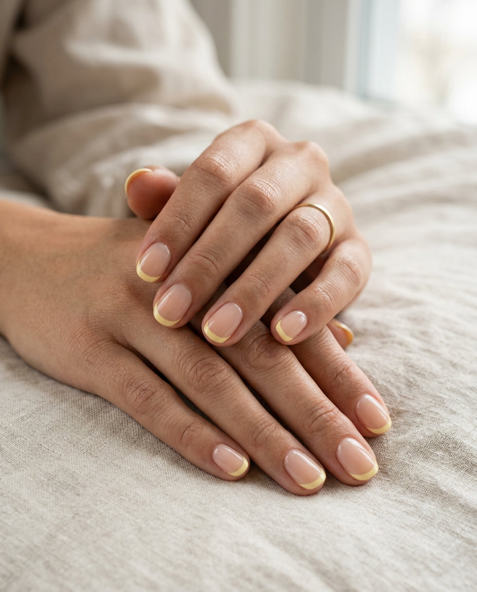 Butter yellow micro French short round nails 2026 for office and sophisticated casual. Chic look.