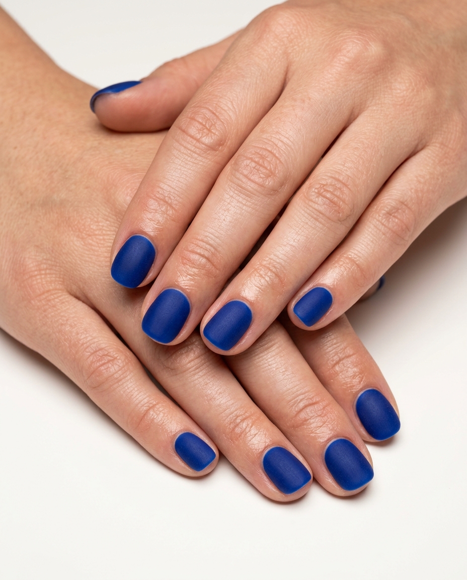 Cobalt blue solid matte short round nails 2026 for evening outs and art gallery visits. Bold look.