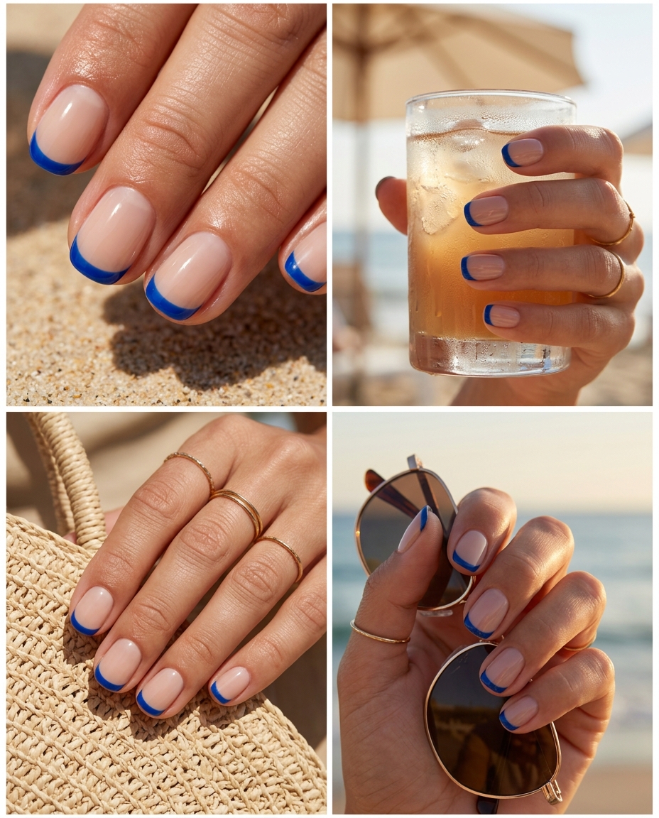 Cobalt blue cuticle French short round nails 2026 for parties and summer events. Edgy look.