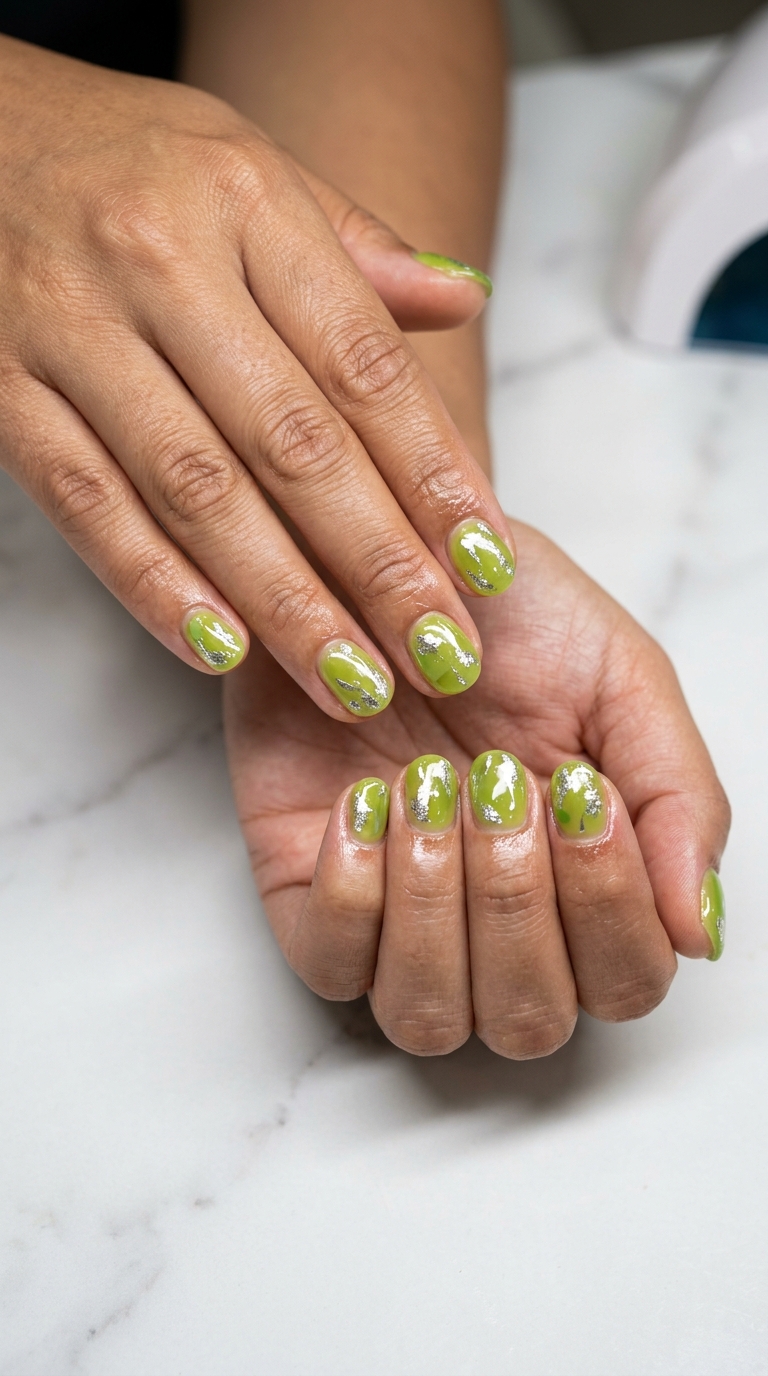 Short round summer nails 2026: Edgy lime green abstract chrome splash for festivals.