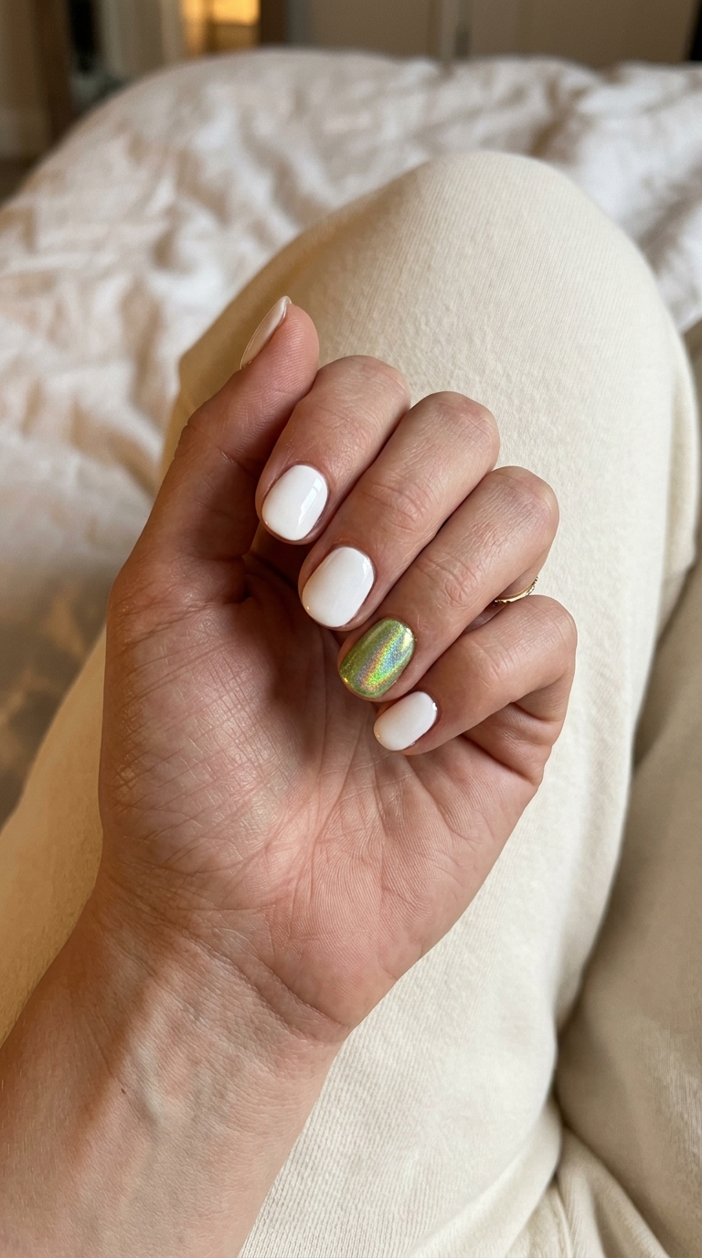 Lime green holographic accent short round nails 2026 for festivals and parties. Futuristic vibe.