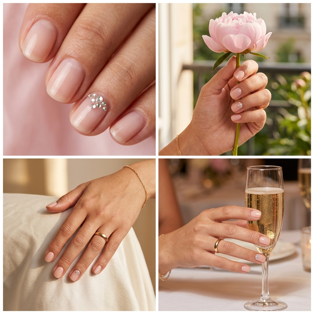 Elegant sheer nude with rhinestone dewdrops on short round nails for wedding guest. Short round summer nails 2026.