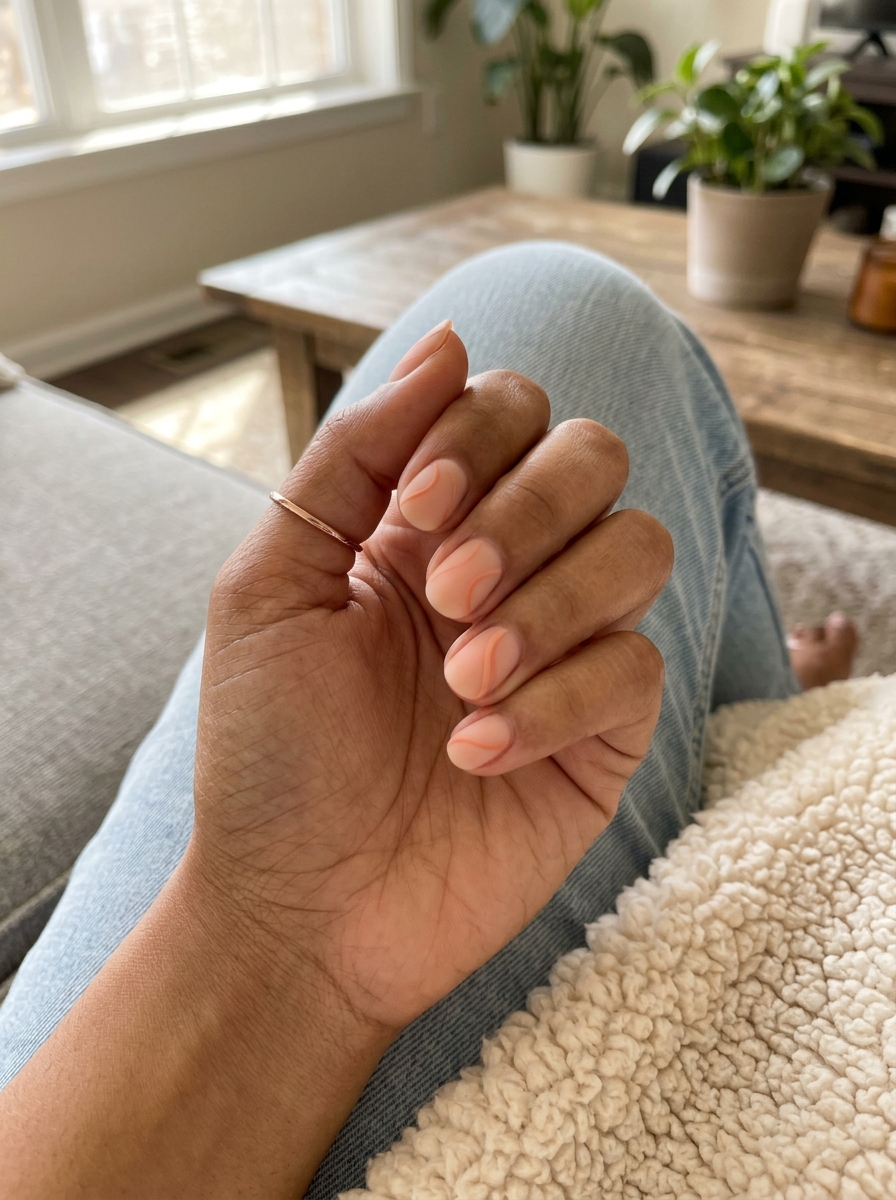 Peach fuzz abstract line art short round nails 2026 for casual brunch and work. Chic style.