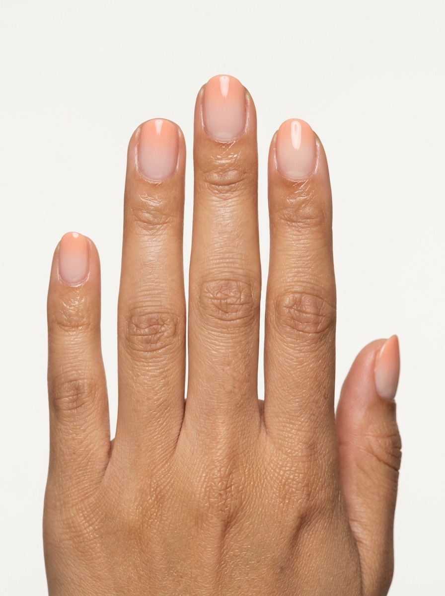 Short round summer nails 2026: Romantic peach fuzz ombre gradient for weddings and daily wear.