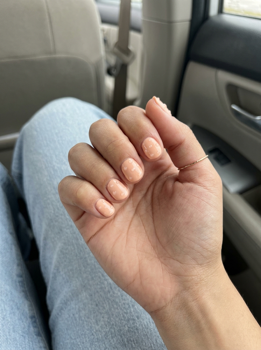 Short round summer nails 2026: Playful peach fuzz textured dots for casual outings.