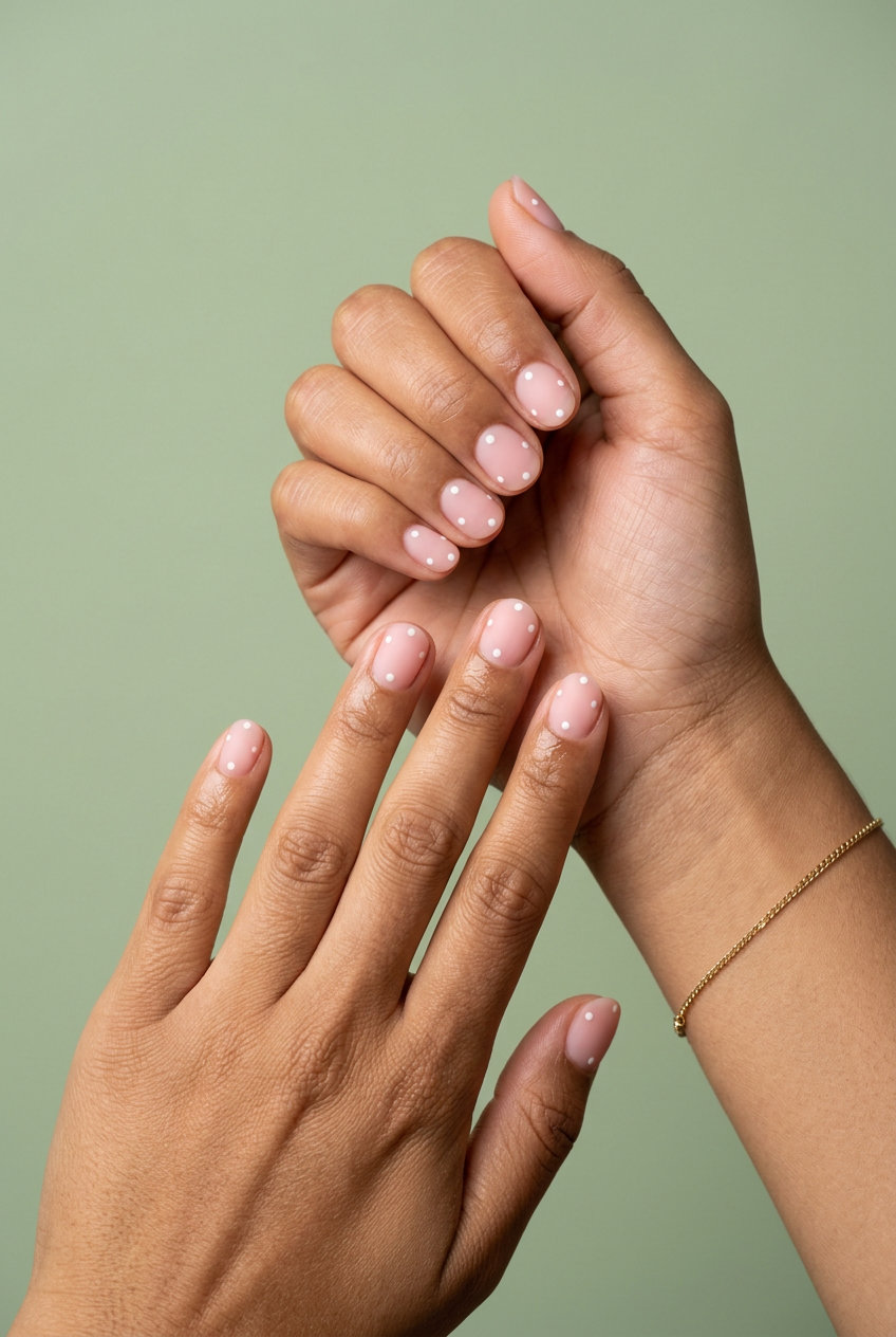 Sheer pink minimalist dots short round nails 2026 for daily wear and work. Clean-girl aesthetic.