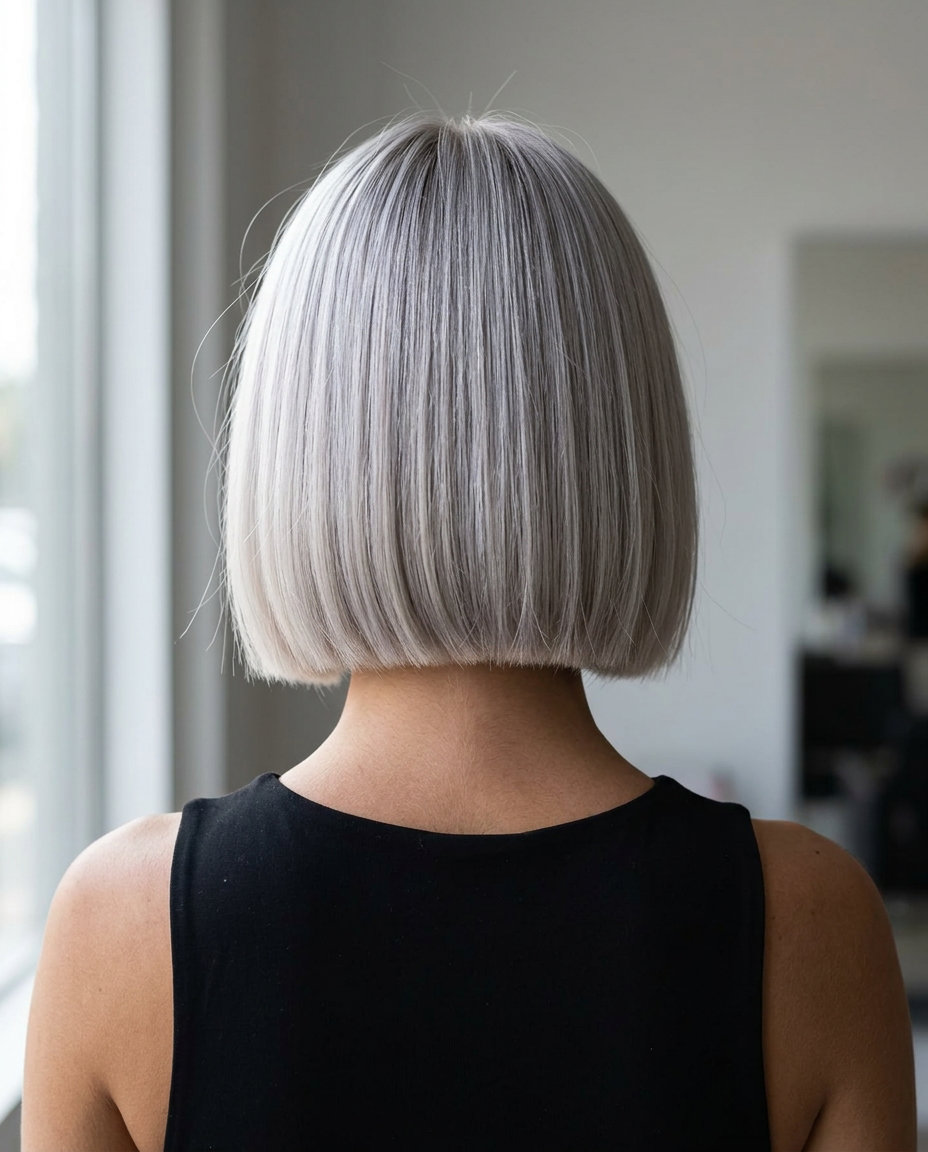 chin-length sleek bob haircut in silver blonde with grey root smudge for futuristic look