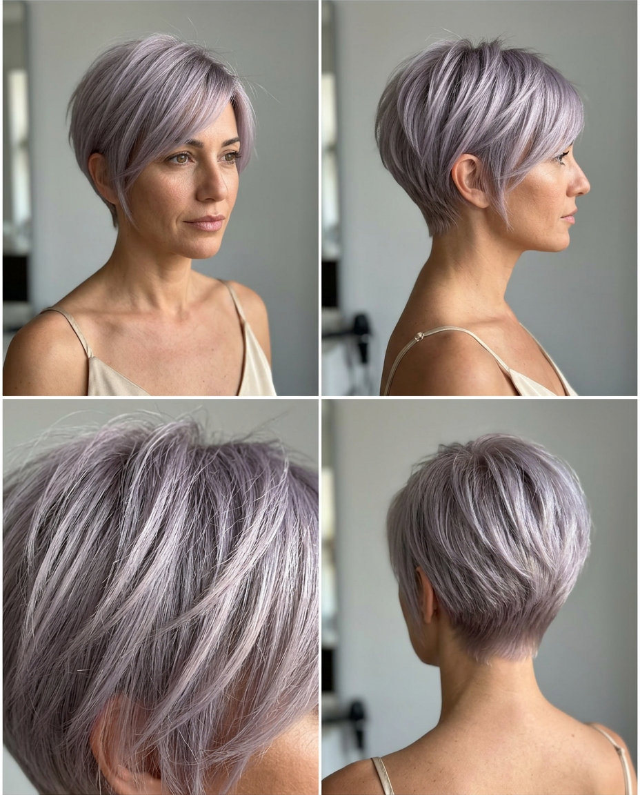 short modern pixie haircut in silver-lilac with pearl sheen, textured razor-cut ends, tapered nape, and swept-forward fringe — edgy artistic