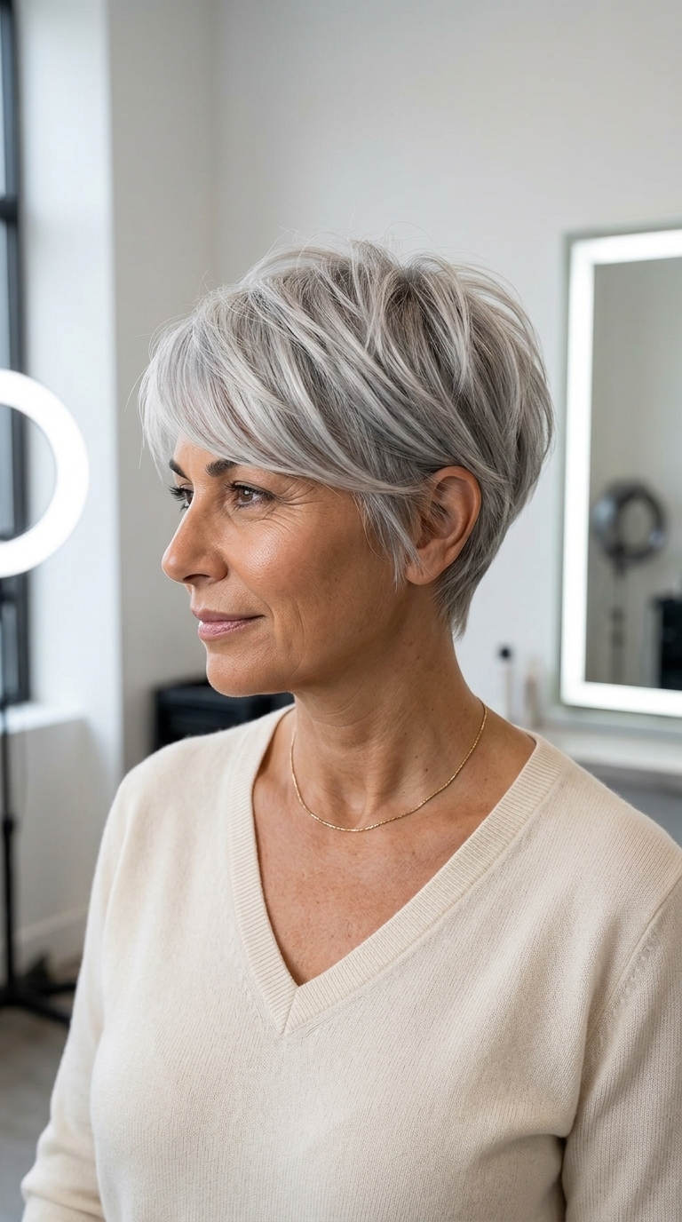 short pixie haircut with oyster shell silver, pearlescent white, subtle slate, side-swept fringe — minimalist, edgy