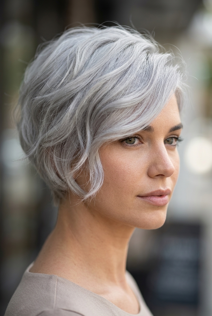 Elegant Silver Fox Layered Pixie 2026 very short pixie haircut in cool muted sage silver with soft layers for elegant style