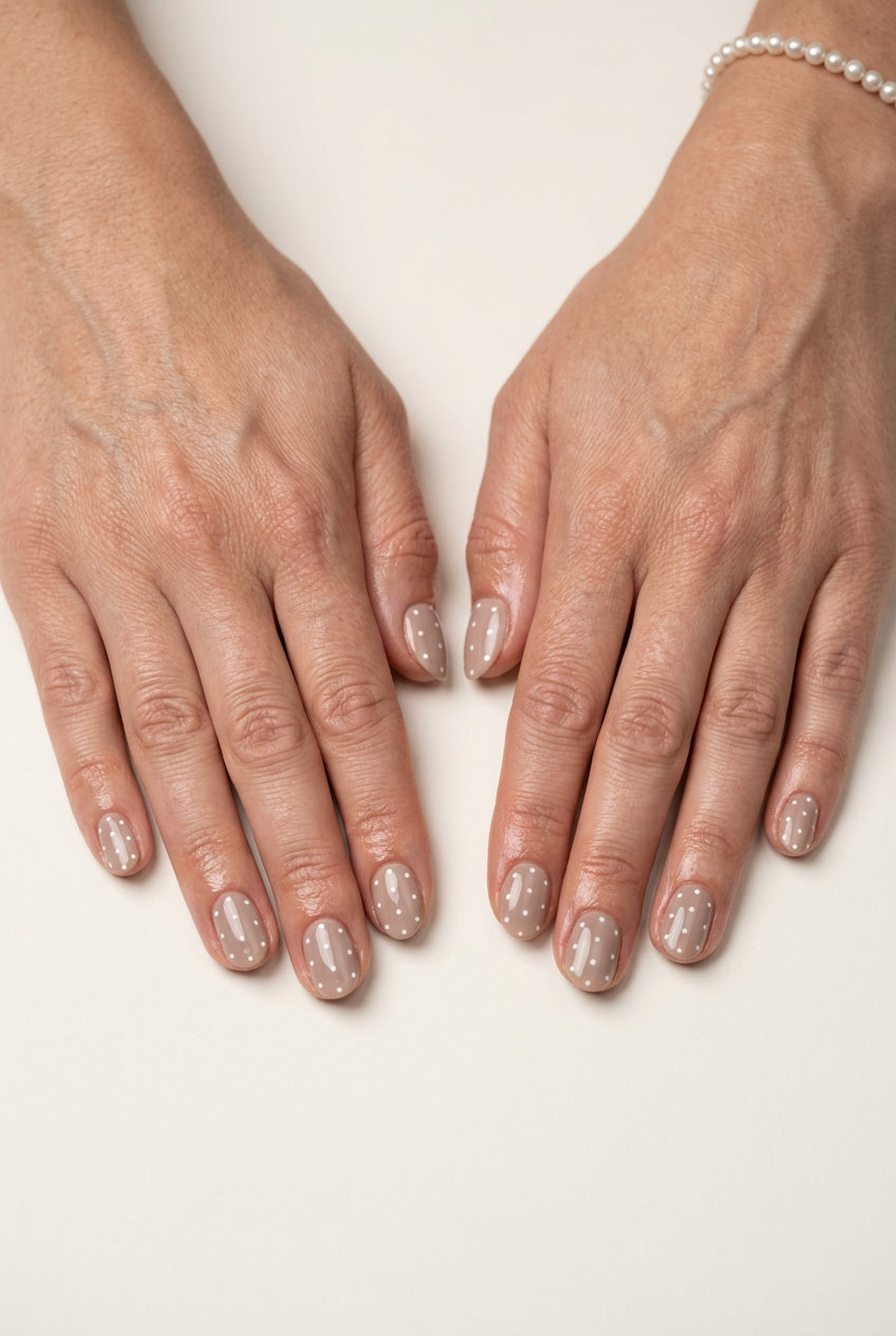 Classic Nude Polka Dot Nails 2026 - Chic Summer Style Classic Nude Polka Dot simple short summer nails 2026 for everyday, work, or casual outings. Sophisticated and playful.