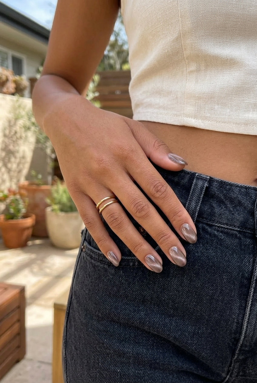 Nude Cat-Eye Nails 2026 - Sultry Summer Style Mysterious Nude Cat-Eye simple short summer nails 2026 for date night, evening out, or special occasions. Sultry and sophisticated.