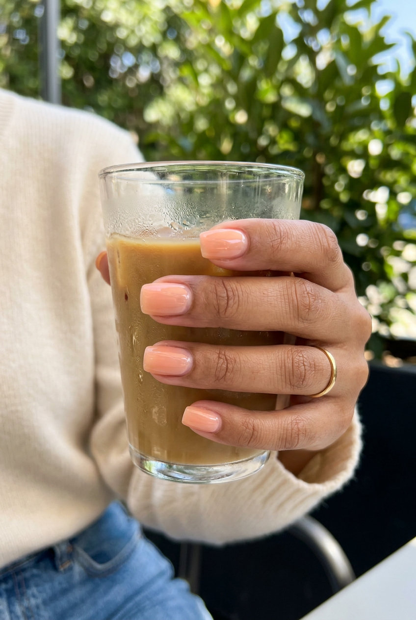 Simple Short Summer Nails 2026: Peach Negative Space Simple short summer nails 2026: Peek-a-boo Peach Negative Space gel polish for casual wear.