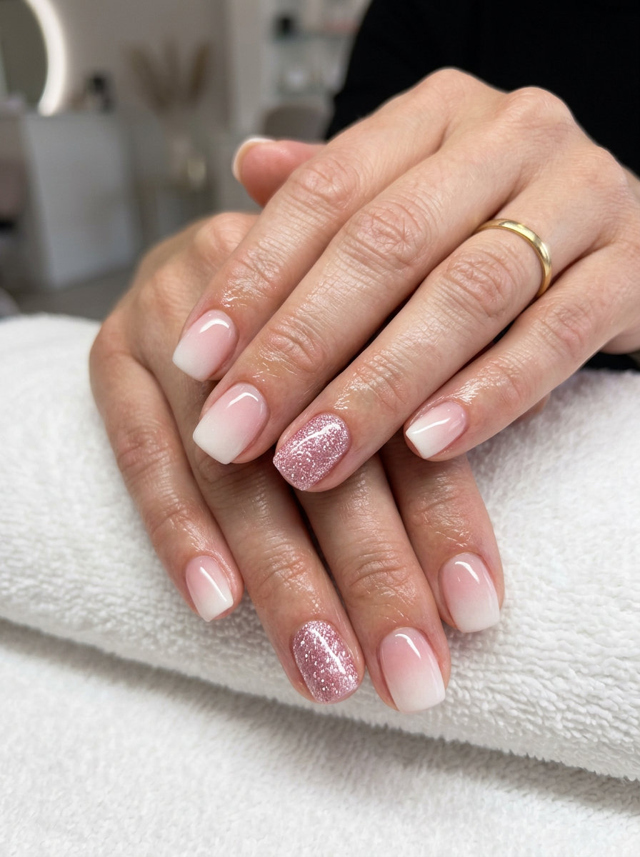 Rosy Glitter Fade Nails 2026 - Glamorous Summer Style Rosy Glitter Fade simple short summer nails 2026 for date night, wedding guest, or party. Soft pink to nude ombre with glitter accent.
