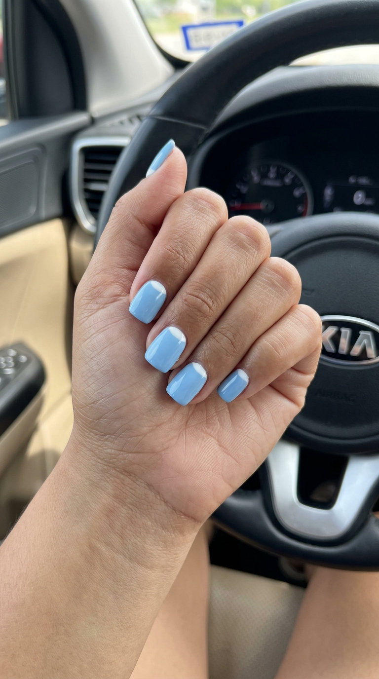 Sky Blue Reverse French Nails 2026 - Playful Summer Style Sky Blue Reverse French simple short summer nails 2026 for date night, casual outings, or summer evenings. Whimsical and sweet.
