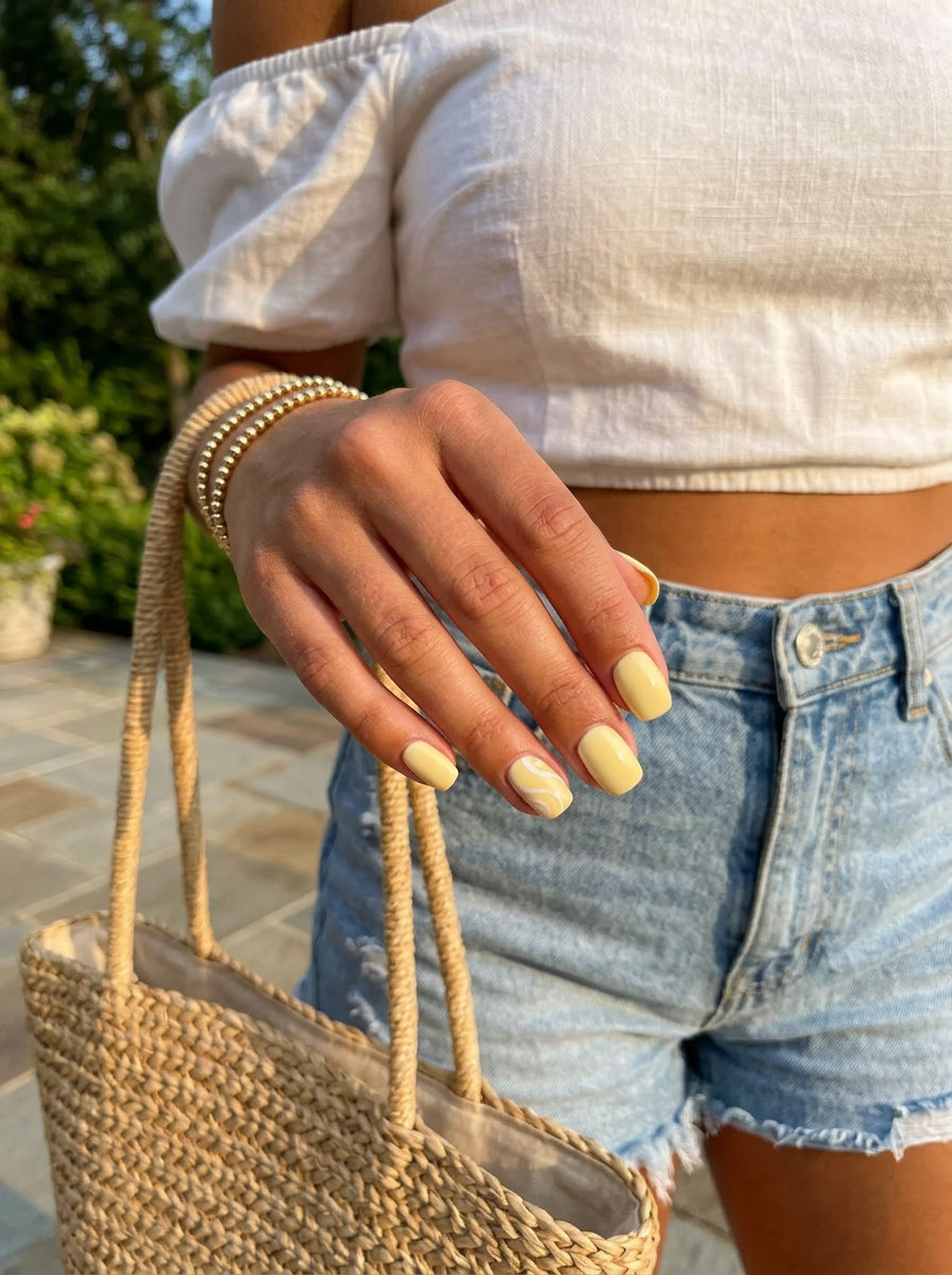 Playful Butter Yellow Swirl Nails 2026 Butter yellow subtle swirls on soft square nails for weekend, picnic, and casual summer wear. Simple short summer nails 2026.