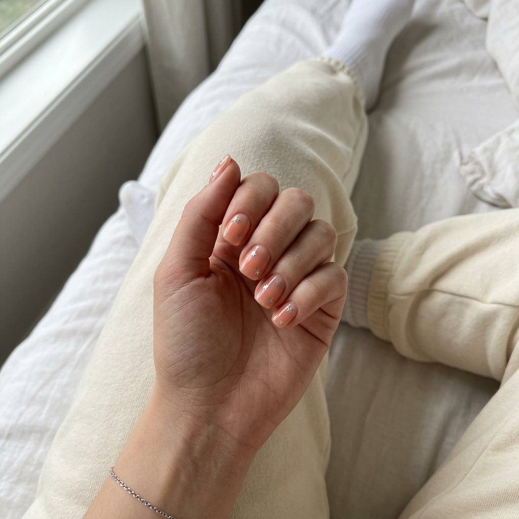 Celestial peach sparkle short nails for festivals, casual weekends, and everyday summer wear. Simple short summer nails 2026.
