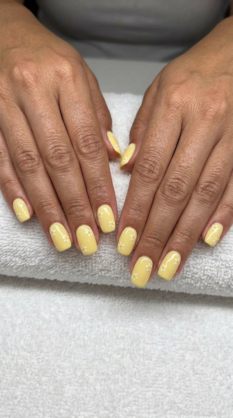 Cheerful Daisy Butter Yellow Nails 2026 Daisy field butter yellow short nails for vacation, festivals, and casual weekends. Simple short summer nails 2026.