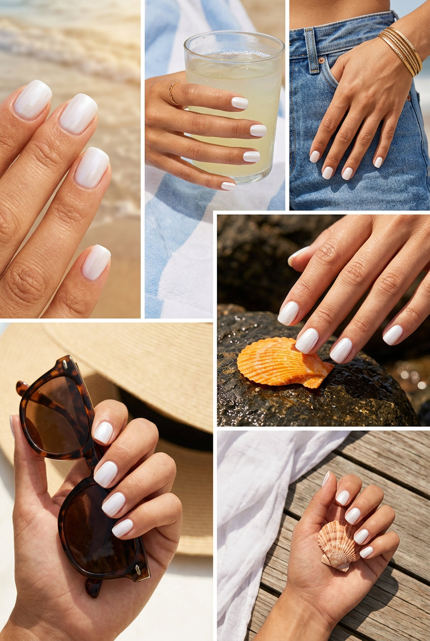 Elegant Ivory Sheen Nails 2026 Luminous ivory sheen short nails for formal events, wedding guests, and everyday summer wear. Simple short summer nails 2026.