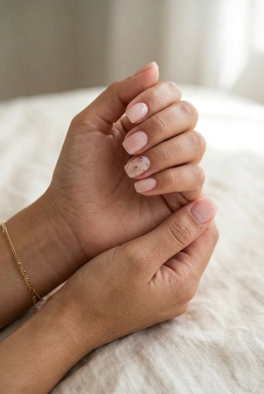Romantic Pink Milk Bath Nails 2026 Sheer pink milk bath accent short nails for wedding guests, bridal showers, and romantic dates. Simple short summer nails 2026.