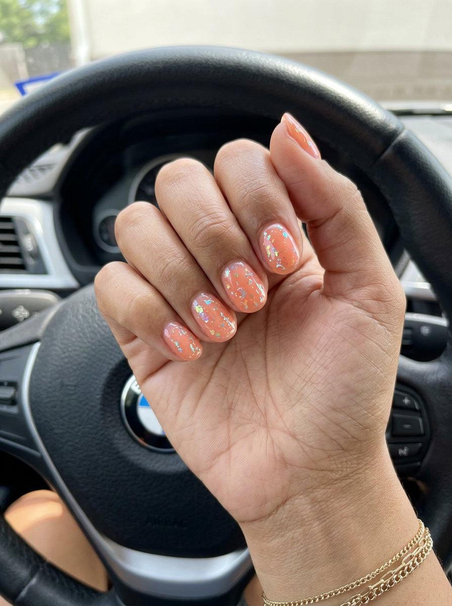 Vibrant Peach Jelly Shimmer Nails 2026 Sun-kissed jelly shimmer short nails for vacation, resort wear, and casual weekends. Simple short summer nails 2026.