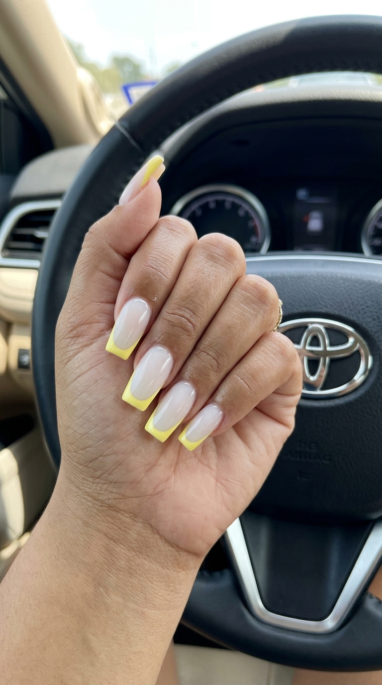 Butter yellow French tip long square nails for parties, on a sheer milky white base. Playful and bright simple summer acrylic nail designs 2026.