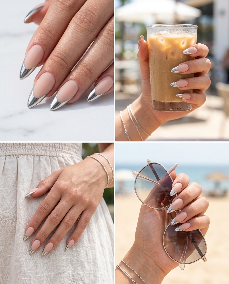 Chrome edge nude stiletto nails for parties, with a silver chrome French tip. Edgy and glamorous simple summer acrylic nail designs 2026.