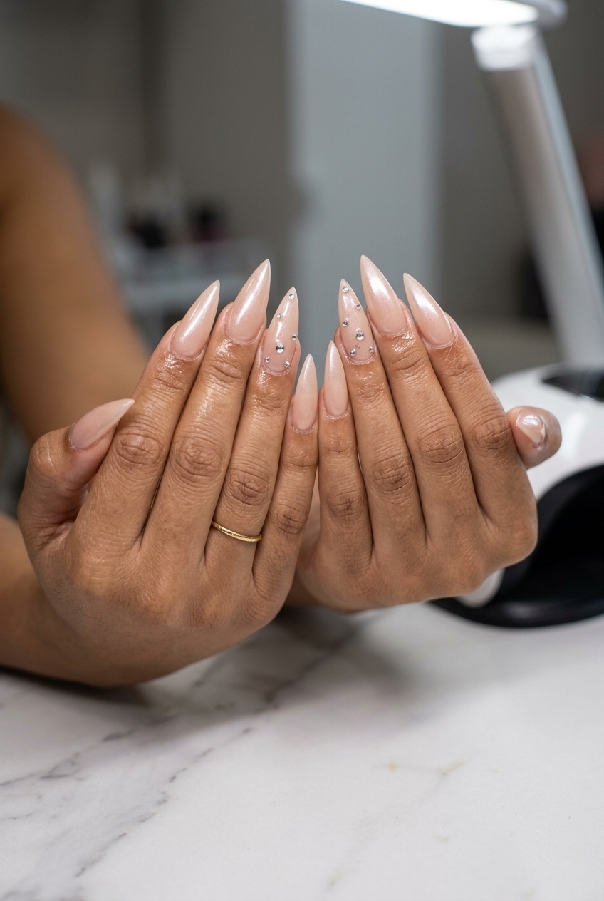 Glamorous classic nude stiletto acrylic nails with clear rhinestones for special events. Simple summer acrylic nail designs 2026.