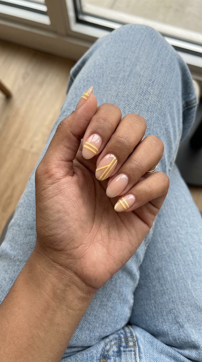 Artistic natural nude oval acrylic nails with bright butter yellow lines for work. Simple summer acrylic nail designs 2026.