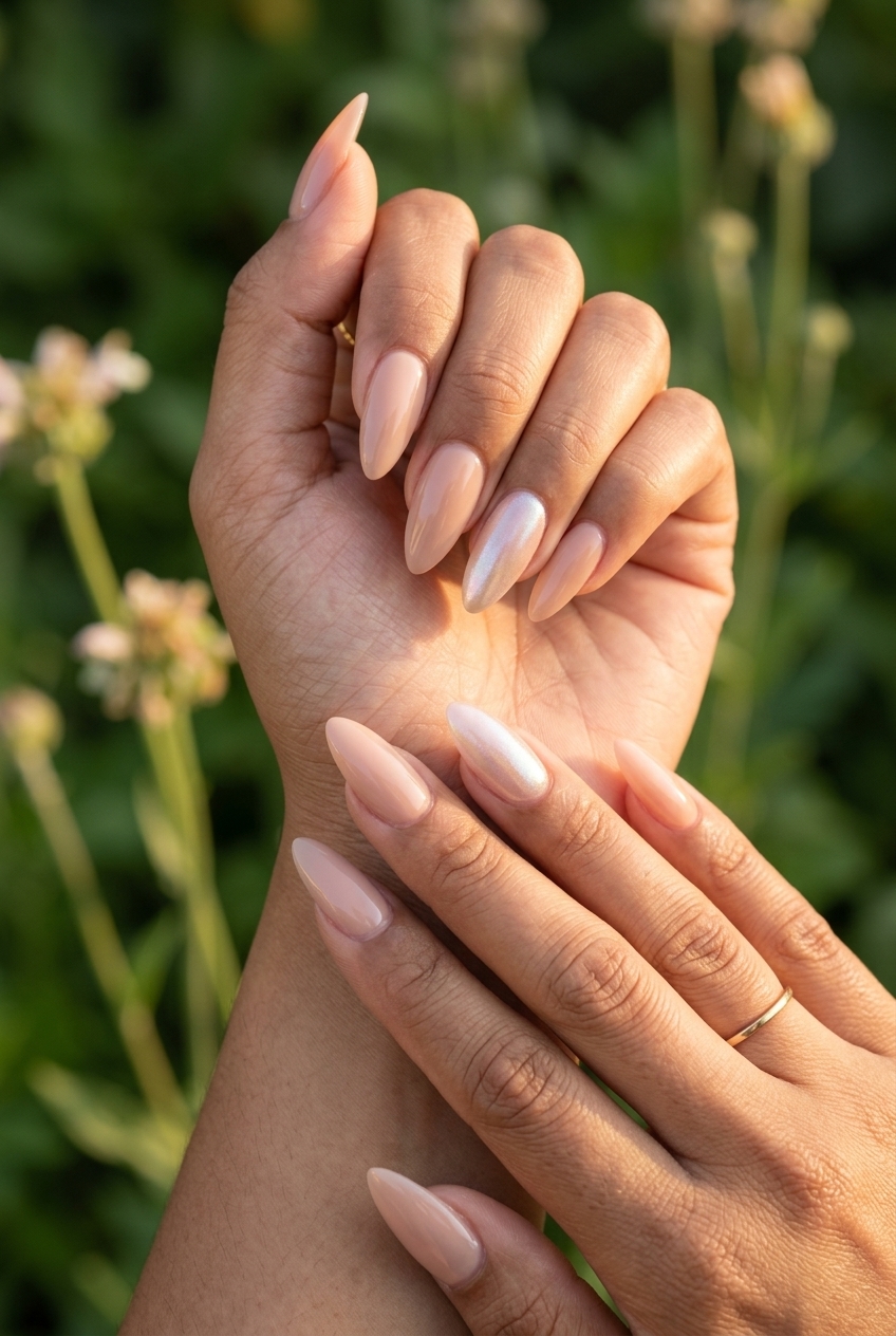 Modern nude square acrylic nails with iridescent pearl chrome for work and casual outings. Simple summer acrylic nail designs 2026.