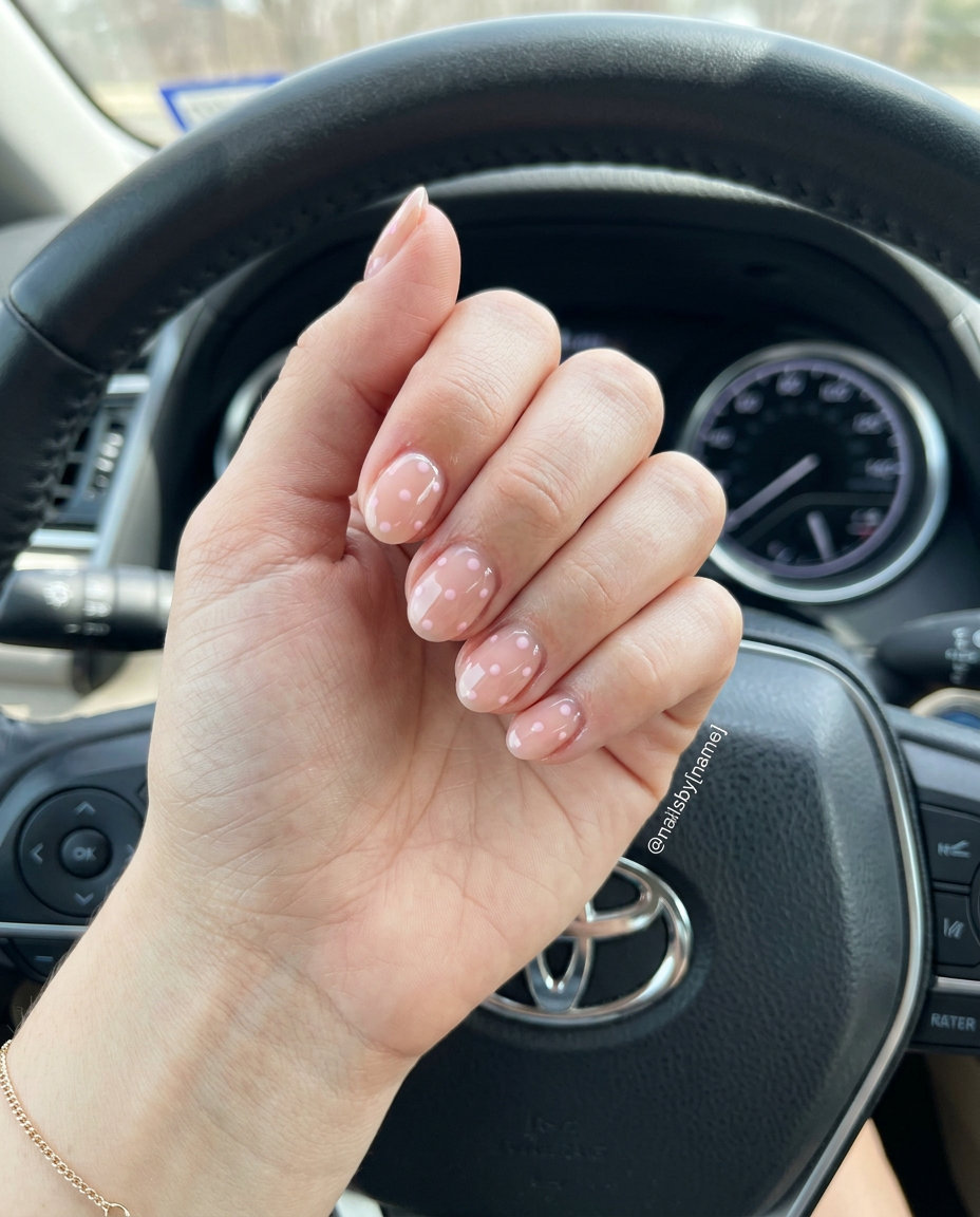 Sweet milky pink dots on sheer nude short oval acrylic nails for casual wear. Simple summer acrylic nail designs 2026.