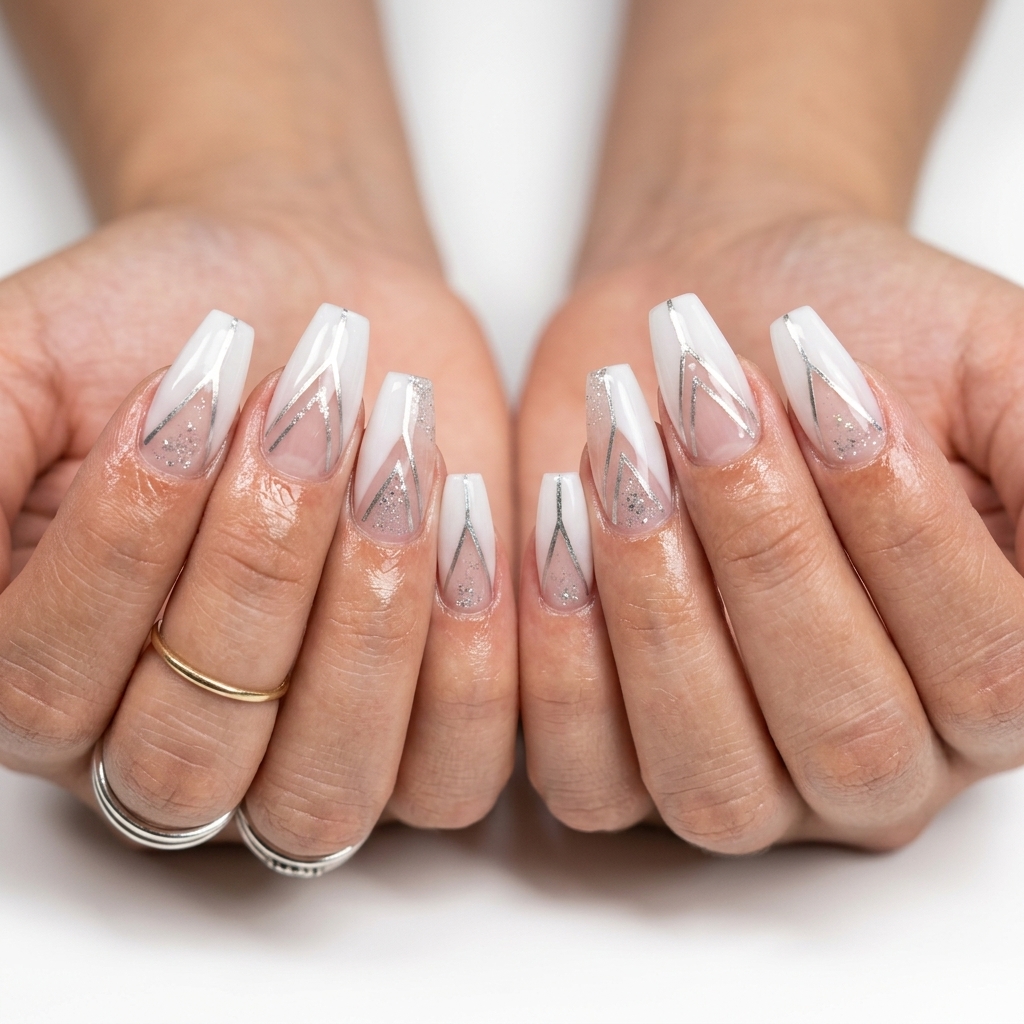 Modern sheer white negative space coffin nails for work, with subtle silver accents. Minimalist and edgy simple summer acrylic nail designs 2026.