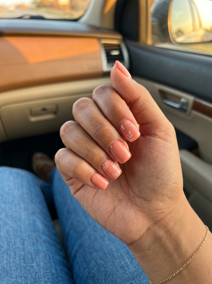 Summer garden decals square nails for casual weekends, with soft coral base and green accents. Playful and lighthearted simple summer acrylic nail designs 2026.
