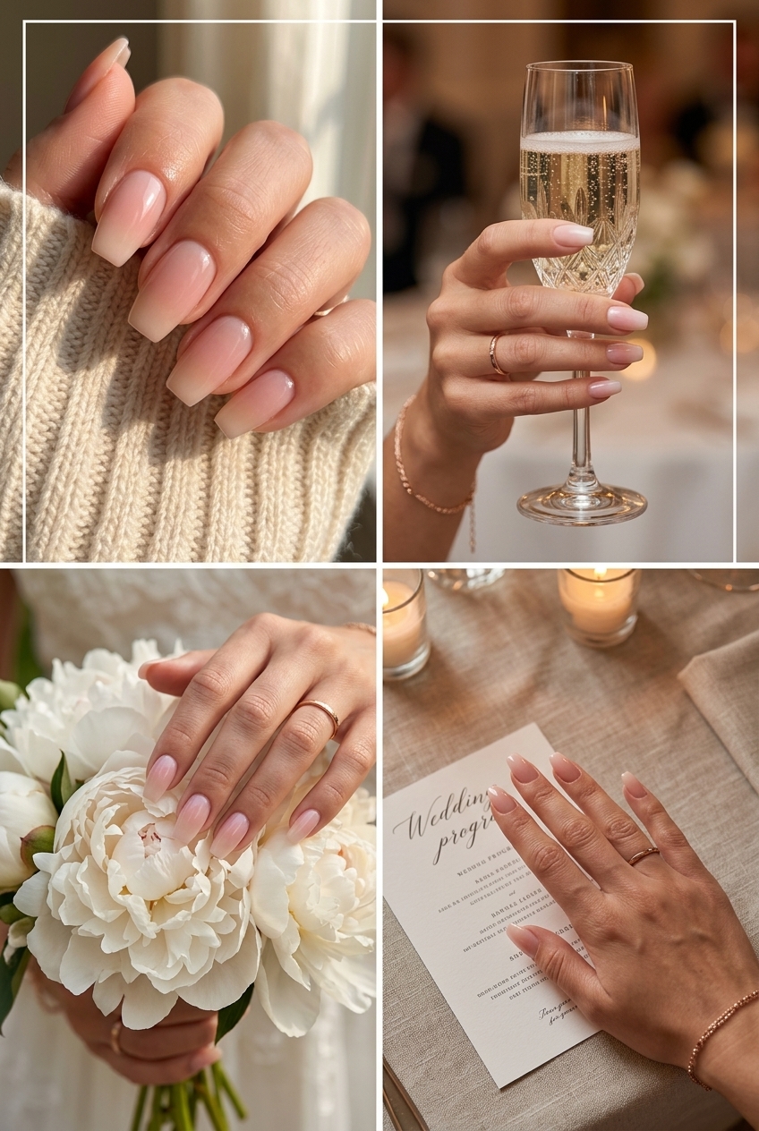 Sunset Blush Gradient Coffin nails for wedding guest, featuring milky pink to sheer nude gradient. Simple summer acrylic nail designs 2026.