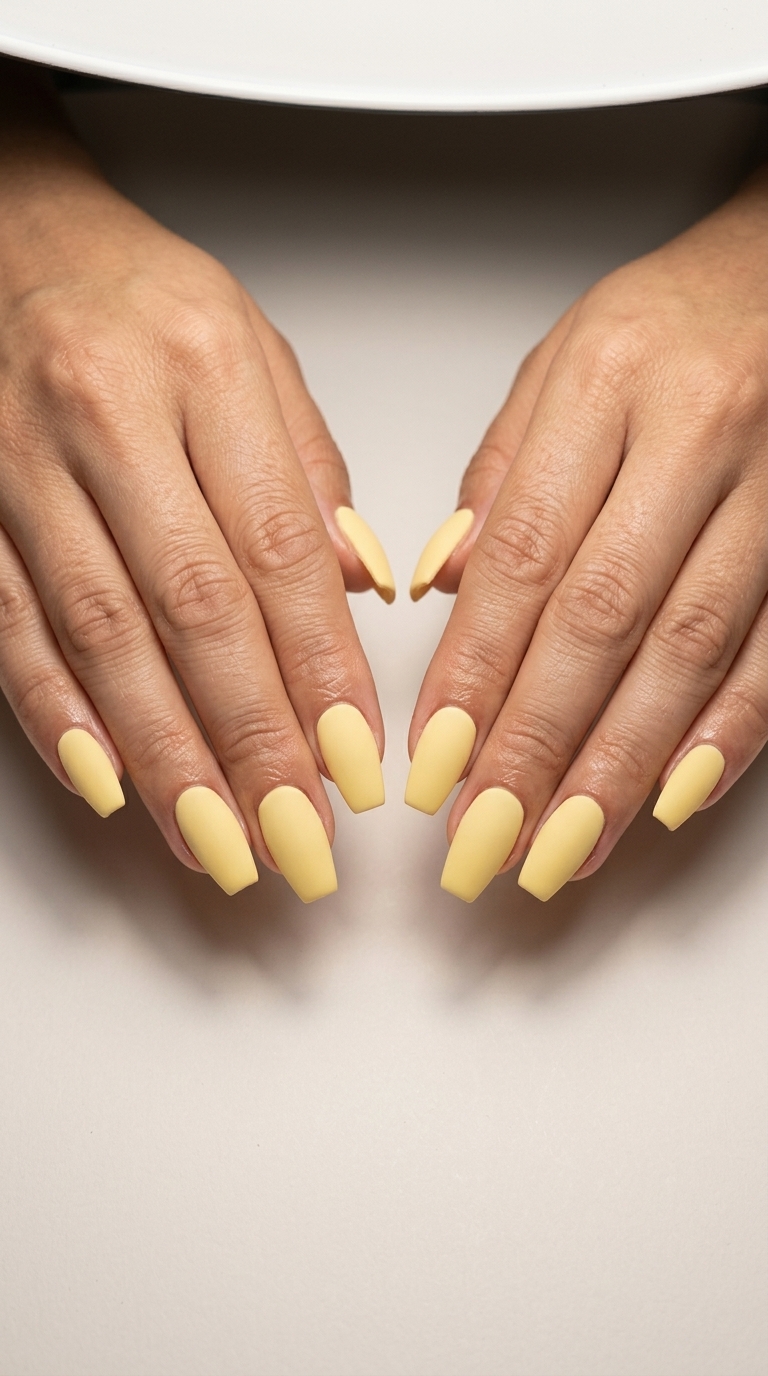 Velvet Sunshine Matte Coffin nails for formal events or date nights, showcasing unique simple summer acrylic nail designs 2026.