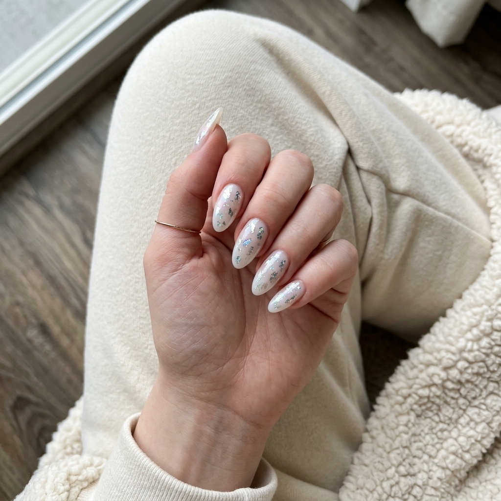 Ethereal stardust sheer almond acrylic nails with holographic foil for festivals and date nights. Dreamy and whimsical.