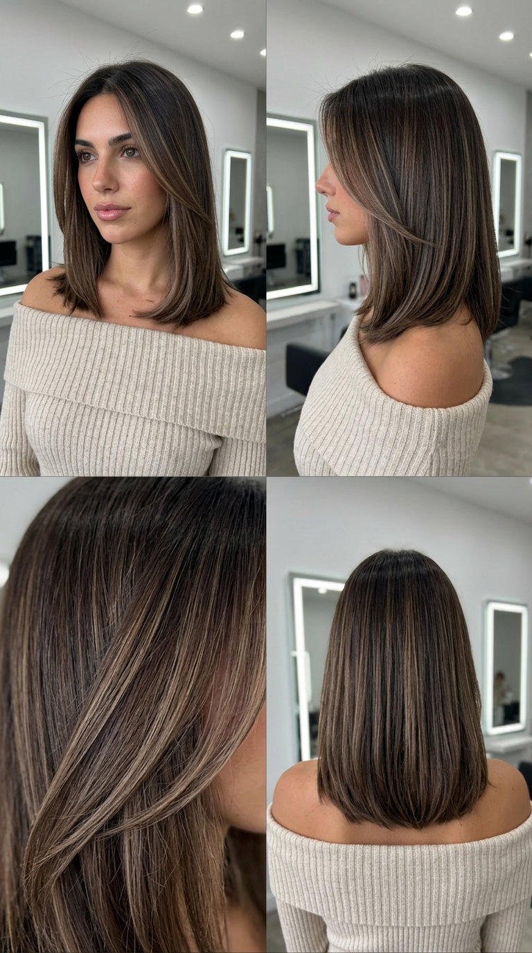 long smoked chai brunette shadow root with deep cool brown and smoked beige ribbons, micro-foils — sophisticated office wear