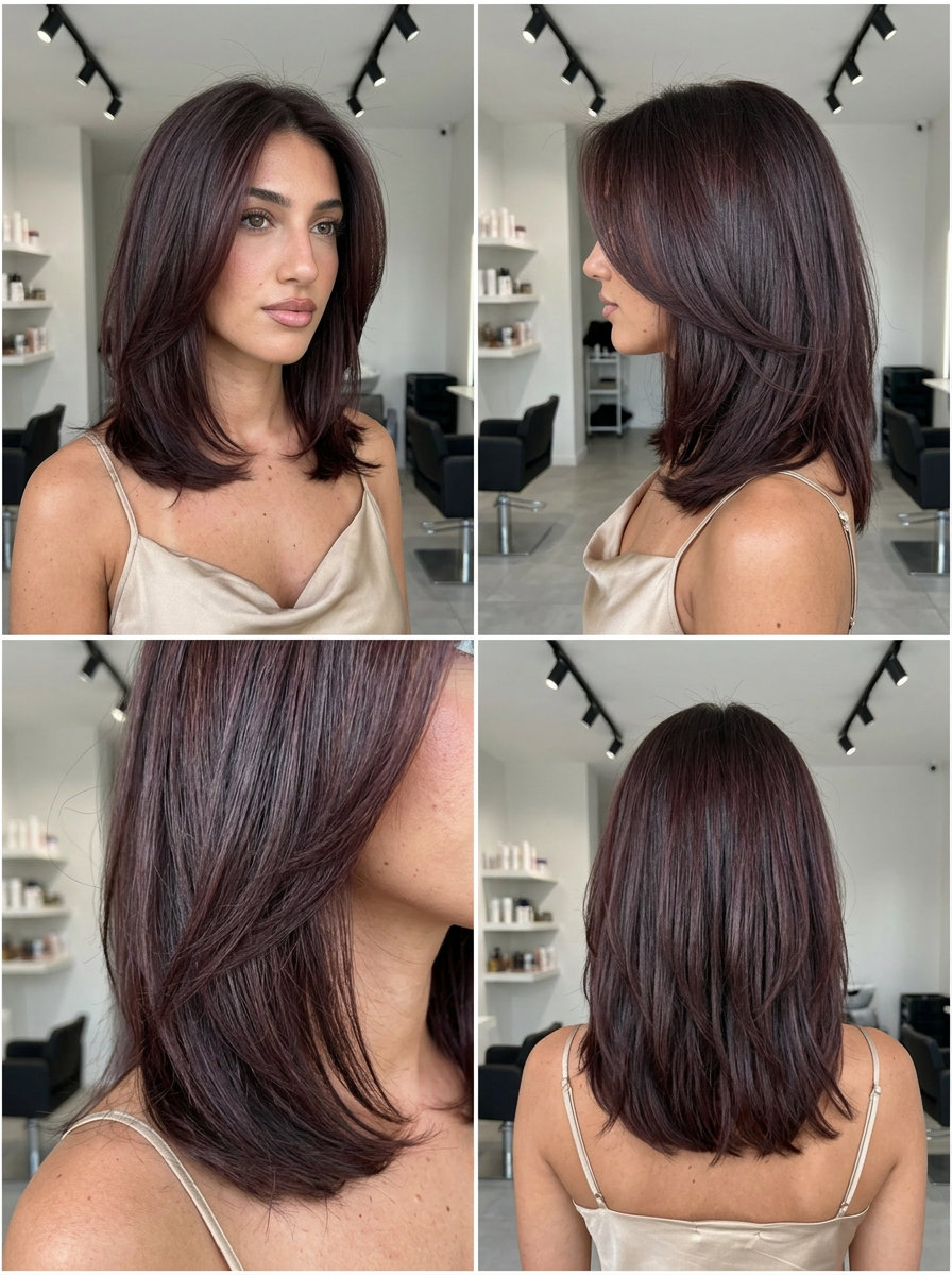 long sleek smoked cherry brunette with violet reflects, no fringe — sophisticated, sultry