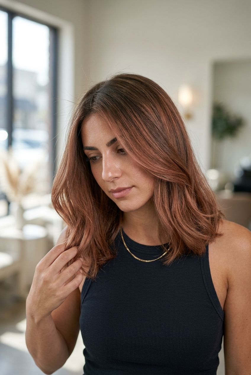 long sleek layered muted copper balayage with ash brown root, root smudge for professional events