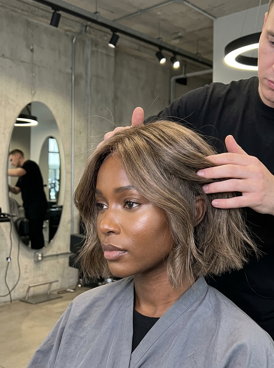 chin-length bob with ashy brown and cool smoked honey, undercut — edgy festival