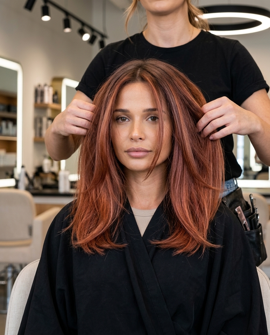 long smoked paprika copper balayage with violet undertones, blunt lob, no fringe — sophisticated cool tone