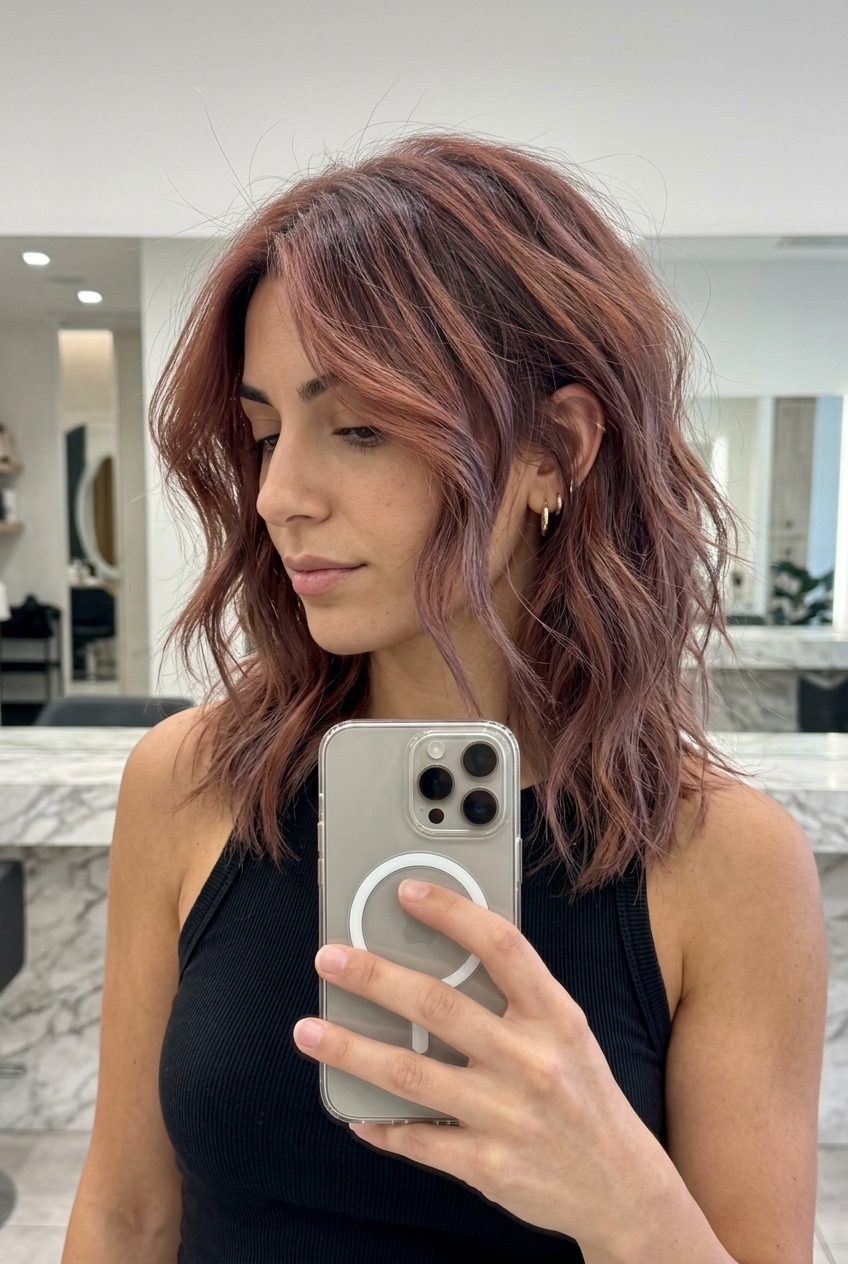 long smoked paprika copper balayage with smoky red-brown, violet hint, face-framing layers — edgy modern style