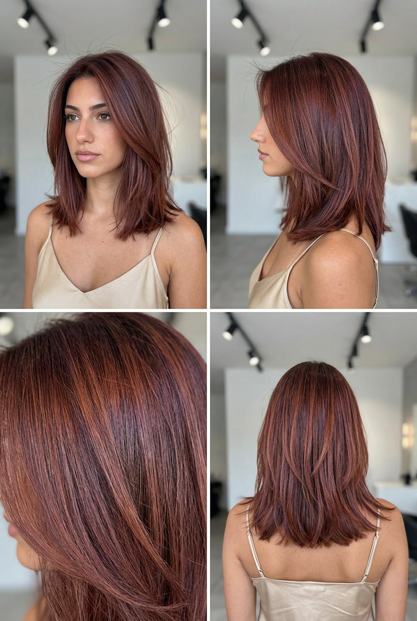 long smoked paprika copper balayage with violet undertones, global gloss technique for date night